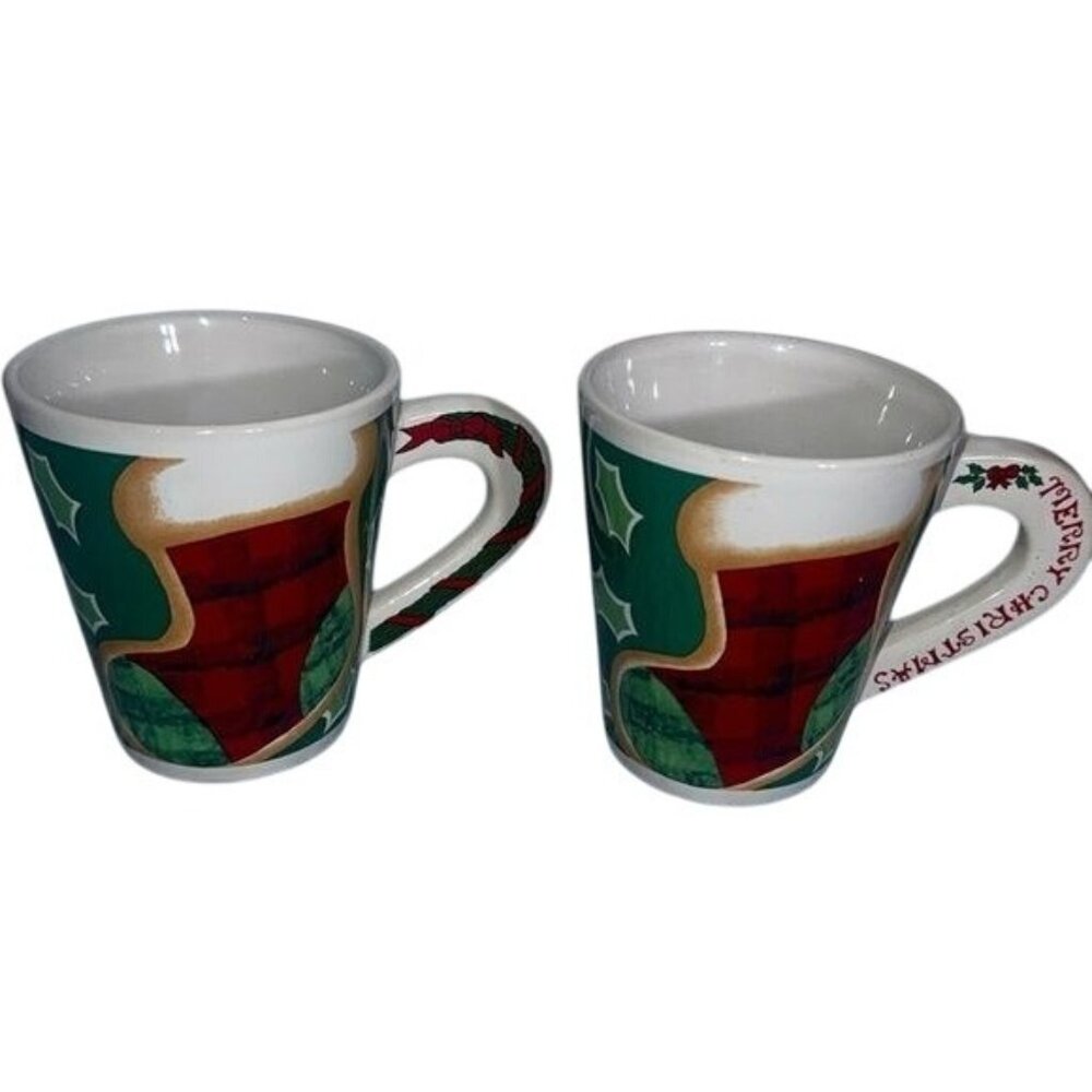 Vintage Merry Christmas Holly Berry Ceramic Coffee Mugs Set Of 2 Holiday Decor